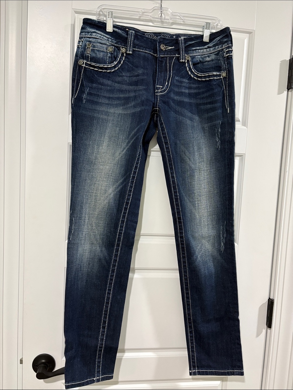 Miss Me Dark Blue Straight Leg Jeans with White Contrast Stitching